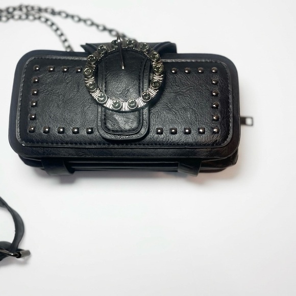 Handbags - Black Studded Festival Crossbody Bag - Rhinestone Buckle Wallet Clutch